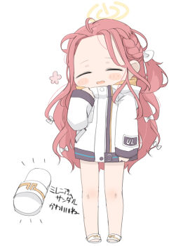 1girl blue_archive blush_stickers bow braid chibi closed_eyes facing_viewer forehead full_body hair_bow halo hand_up highres jacket long_hair long_sleeves miranofuudoria one_side_up parted_lips power_symbol red_hair sandals simple_background sleeves_past_wrists solo standing translation_request very_long_hair white_background white_bow white_jacket white_sandals yuzu_(blue_archive)