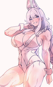 1girl abs absurdres alternate_costume animal_ears bare_arms bare_legs bare_shoulders blue_eyes braid breasts center_opening choker commentary_request commission covered_navel cross-shaped_pupils eyebrows_hidden_by_hair highres korean_commentary large_breasts leotard long_hair muscular muscular_female original pixiv_commission rabbit_ears sideboob smile spoiledmuffin symbol-shaped_pupils teeth thick_thighs thighs twin_braids underboob very_long_hair white_background white_choker white_hair white_leotard wrist_cuffs