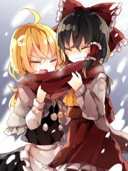 2girls apron ascot black_dress blonde_hair bow braid brown_hair buttons capelet dress closed_eyes frilled_skirt frills hair_bow hair_tubes hakurei_reimu highres kirisame_marisa long_sleeves multiple_girls nikorashi-ka no_headwear no_headwear open_mouth ribbon scarf shared_clothes shared_scarf sharing side_braid skirt skirt_set touhou waist_apron