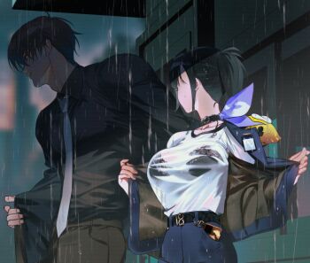 1boy 1girl absurdres belt belt_buckle belt_collar black_belt black_bra black_hair blue_jacket blue_skirt bra breasts brown_hair brown_pants brown_shirt buckle collar commander_(nikke) commentary english_commentary goddess_of_victory:_nikke grey_necktie highres jacket laejjo large_breasts long_sleeves looking_at_another necktie outdoors pants rain shirt short_hair short_sleeves skirt sora_(nikke) t-shirt underwear wet wet_clothes wet_shirt white_shirt