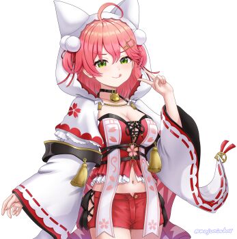 Rule 34 | 1girl, absurdres, ahoge, animal hood, back bow, bell, black-framed eyewear, black bustier, black choker, blush, bow, braid, breasts, bustier, capelet, cat hood, cherry blossom print, cherry blossoms, chest harness, choker, cleavage, closed mouth, clothing cutout, commentary request, crop top, cross-laced clothes, cross-laced shorts, cross-laced slit, cross-laced top, falling petals, floral print, frilled wrist cuffs, frills, front slit, green eyes, hair between eyes, hair ornament, hairclip, half up braid, harness, highres, hip vent, hololive, hood, hood up, huge bow, jingle bell, lace-trimmed sleeves, lace trim, large breasts, long hair, long sleeves, looking at viewer, neck bell, nontraditional miko, official alternate costume, official alternate hairstyle, petals, pink hair, red shorts, red tube top, sakura miko, sakura miko (work), short shorts, shorts, smile, solo, strapless, tassel, thigh strap, tongue, tongue out, tube top, two side up, virtual youtuber, wajuniorbox, white capelet, white sleeves, wide sleeves, wrist cuffs