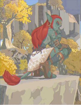 1boy ancient_hero&#039;s_aspect_(zelda) brown_footwear character_request colored_skin day earrings elbow_gloves floating_island from_side gloves green_eyes green_skin highres ivy_(sena0119) jewelry link long_hair looking_at_viewer looking_to_the_side nintendo outdoors pointy_ears red_hair skirt solo tagme tail the_legend_of_zelda the_legend_of_zelda:_tears_of_the_kingdom tree white_skirt