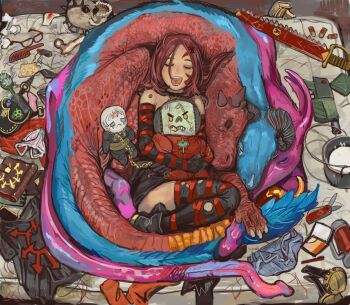 1girl animal bone bullet chaos_(warhammer) closed_eyes cultist-chan facial_tattoo gun handgun highres hugging_object mossacannibalis open_mouth red_hair sharp_teeth sleeping three-quarter_sleeves sword tattoo teeth thighhighs warhammer_40k weapon