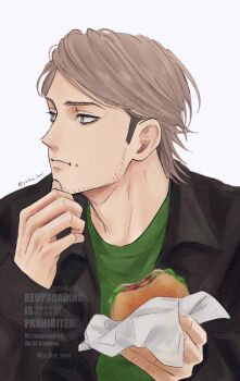 Rule 34 | 1boy, absurdres, black shirt, brown hair, burger, closed mouth, collared shirt, commentary request, eating, facial hair, food, food in mouth, green shirt, highres, holding, holding burger, holding food, jean kirstein, layered shirt, layered sleeves, looking to the side, male focus, shingeki no kyojin, shirt, short hair, sideburns, simple background, solo, stubble, watermark, white background, yuka levi