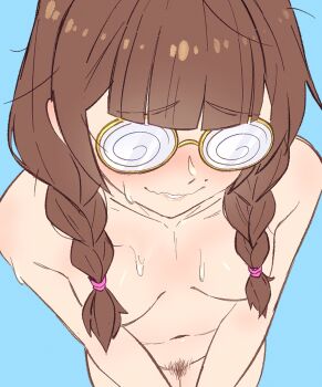 1girl blue_background blunt_bangs braid breasts brown_hair coke-bottle_glasses female_pubic_hair from_above glasses hair_censor highres long_hair low_twin_braids navel nude original pubic_hair realda_(vibrantrida) round_eyewear simple_background small_breasts smile solo twin_braids vibrantrida wavy_mouth