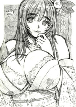 breasts breasts_squeezed_together cleavage covering_mouth dead_or_alive hair_ornament hands_on_own_chest honoka_(doa) huge_breasts japanese_clothes kimono lingerie long_hair monochrome one_side_up skidrow skull_hair_ornament smile squeezing underwear