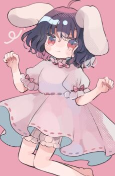 1girl ahoge animal_ears bare_arms bare_legs barefoot black_hair bloomers blush collar commentary dress frilled_collar frilled_sleeves frills hiyuu_(hiyualice) inaba_tewi long_hair looking_at_viewer lop_rabbit_ears pink_dress puffy_short_sleeves puffy_sleeves rabbit_ears rabbit_girl red_eyes short_hair short_sleeves simple_background solo touhou underwear white_bloomers