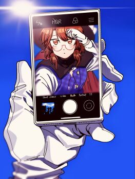 Rule 34 | 1girl, bolo tie, bow, brown eyes, brown hair, cape, cellphone, commentary request, fedora, glasses, gloves, hand up, hat, hat bow, highres, holding, holding phone, lens flare, long sleeves, looking at phone, low twintails, open mouth, outdoors, phone, plaid clothes, plaid skirt, plaid vest, pov, purple vest, red-framed eyewear, selfie, semi-rimless eyewear, shirt, short hair, skirt, sky, smartphone, solo, sun, touhou, turtle-kun, twintails, under-rim eyewear, urban legend in limbo, usami sumireko, vest, viewer holding phone, white gloves