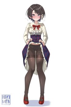 1girl absurdres artist_logo black_hair black_pantyhose blue_eyes blue_skirt blush bow bowtie breasts center_frills closed_mouth clothes_lift commentary english_commentary flying_sweatdrops frilled_shirt frilled_shirt_collar frills full_body hair_ribbon hakimen high-waist_skirt highres hololive logo medium_breasts official_alternate_costume oozora_subaru oozora_subaru_(casual) panties panties_under_pantyhose pantyhose plaid_clothes plaid_skirt red_bow red_bowtie red_shoes ribbon shirt shoes short_hair simple_background skirt skirt_lift solo swept_bangs thighband_pantyhose underwear virtual_youtuber white_background white_panties white_ribbon white_shirt