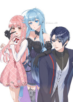 1boy 2girls aeon_(shining_nikki) aged_up ahoge arm_around_neck arm_belt arm_on_another&#039;s_shoulder bare_legs bare_shoulders belt black_belt black_choker black_dress black_gloves black_shirt bloom_poetry_(shining_nikki) blue_coat blue_eyes blue_gemstone blue_hair bow bowtie breasts brother_and_sister brown_eyes buttons chest_jewel choker cleavage clenched_hand clothes_writing coat collared_shirt commentary_request cowboy_shot cross-laced_clothes cross-laced_dress diamond_(gemstone) diamond_earrings dress dress_ribbon ear_piercing earrings elbow_gloves eyelashes floral_print frilled_choker frilled_gloves frilled_shirt_collar frilled_skirt frilled_sleeves frills gem gloves gradient_clothes gradient_dress grey_thighhighs hair_between_eyes hand_on_own_chest happy highres jewelry knees kohanai_setsuna long_dress long_hair long_sidelocks long_sleeves looking_at_another marina_(shining_nikki) miniskirt multiple_belts multiple_girls nikki_(nikki) nikki_(series) open_clothes open_coat open_mouth piercing pinafore_dress pink_dress pink_hair plaid_clothes plaid_dress plaid_vest pleated_dress pleated_skirt print_dress print_skirt purple_dress purple_skirt red_bow red_bowtie red_ribbon ribbon shining_nikki shirt short_dress siblings sidelocks simple_background single_earring skirt skirt_under_dress sleeveless sleeveless_dress sleeves_past_wrists smile snowflake_necklace strapless strapless_dress surprised thick_eyebrows thighhighs turtleneck turtleneck_shirt twitter_username two-sided_dress two-sided_fabric v veil very_long_hair vest white_background white_shirt white_veil zipper