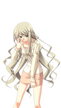 1girl adjusting_eyewear bare_legs breasts brown_dress casual chaos;head collarbone constricted_pupils curly_hair dress game_cg glasses green_eyes green_hair hair_ornament hairpin hand_on_own_face kusunoki_yua leaning_forward long_hair long_sidelocks long_sleeves looking_at_viewer matsuo_yukihiro non-web_source official_art round_eyewear science_adventure shirt short_dress sidelocks small_breasts sprite sundress transparent_background very_long_hair white_shirt yandere