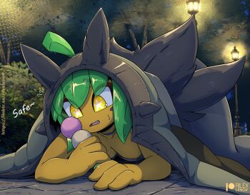 1girl areola_slip artist_name blue_choker breasts bush choker collarbone colored_skin dango downblouse english_text fake_horns fang female_focus food green_hair holding holding_food horns lamppost looking_at_food night nintendo ogerpon on_ground open_mouth outdoors patreon_logo patreon_username pokemon pokemon_(creature) rilex_lenov short_hair sidelocks small_breasts solo star-shaped_pupils star_(symbol) sweat symbol-shaped_pupils talking top-down_bottom-up tree wagashi watermark web_address yellow_eyes yellow_skin