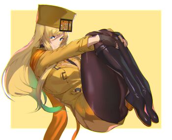 1girl ashiomi_masato black_boots blonde_hair blue_eyes boots brown_pantyhose commentary_request curled_up eyes_visible_through_hair fingerless_gloves fur_hat gloves guilty_gear guilty_gear_strive hat jacket knee_boots legs long_hair long_sleeves millia_rage orange_scarf pantyhose plantar_flexion revision scarf solo yellow_hat