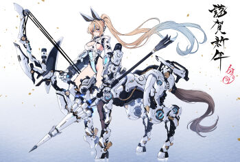 Rule 34 | 1girl, absurdres, animal ears, blonde hair, blue hair, bow (weapon), breasts, choppy bangs, cleavage, commentary request, fake animal ears, full body, gradient hair, high ponytail, highleg, highleg leotard, highres, holding, holding bow (weapon), holding polearm, holding weapon, hood, hood down, horse ears, lance, leotard, long hair, low-cut, mecha, medium breasts, morros, multicolored hair, new year, non-humanoid robot, original, polearm, ponytail, power fist, robot, robot animal, shrug (clothing), sidelocks, tekkou-chan (morros), two-tone hair, very long hair, weapon, white background