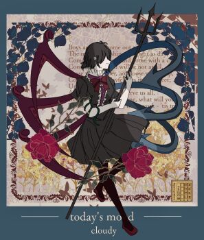 1girl artist_name asymmetrical_wings atelier_tefu black_dress black_hair black_thighhighs blue_wings collar commentary dated dress floral_border flower frilled_collar frills from_side full_body hat hat_flower highres holding holding_polearm holding_weapon houjuu_nue inset_border leaf outside_border pale_skin polearm red_ribbon red_shoes red_wings ribbon shoes short_hair smile snake_armband solo thighhighs touhou trident weapon wings