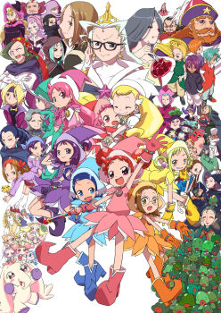 Rule 34 | 6+boys, 6+girls, :d, ;d, akatsuki (ojamajo doremi), alexander t oyajide, arm up, artist name, asuka momoko, baba (ojamajo doremi), bandana, beard, black hair, blonde hair, blue dress, blue eyes, blue footwear, blue gloves, blue hair, boots, bracelet, brown eyes, brown hair, cape, chef hat, clenched hand, closed mouth, commentary request, crown, dela (ojamajo doremi), dodo (ojamajo doremi), double bun, dress, earrings, eating, elephant, everyone, facial hair, fafa (ojamajo doremi), fairy, fami, filippo s. ojijide earl, floating, frog, fujio (ojamajo doremi), fujiwara hazuki, glasses, gloves, gradient background, green eyes, green hair, grey hair, hair bun, hair rings, harukaze doremi, harukaze poppu, hat, hat ornament, hehe (ojamajo doremi), high heel boots, high heels, highres, holding, holding wand, hood, jewelry, joou-sama, lala (ojamajo doremi), leaning forward, leon (ojamajo doremi), light particles, long hair, looking at viewer, magical girl, majo carla, majo cross, majo don, majo heart, majo leed, majo miller, majo parla, majo pi, majo pon, majo prima, majo ran, majo rhythm, majo rin, majo ririka, majo roxanne, majo sloane, majo sullivan, majo toron, majo tourbillon, majo vanilla, majomonroe, majorika, makihatayama hana, medium hair, mimi (ojamajo doremi), mota (ojamajo doremi), motomota (ojamajo doremi), multiple boys, multiple girls, namabanana, nini (ojamajo doremi), ojamajo doremi, one eye closed, one side up, open mouth, orange dress, orange eyes, orange footwear, orange gloves, orange hair, orihime (ojamajo doremi), ousama (ojamajo doremi), pao-chan, peperuto pollon, picot pollon, pink hair, pointy footwear, purple dress, purple eyes, purple footwear, purple gloves, purple hair, red dress, red eyes, red footwear, red gloves, red hair, rere (ojamajo doremi), rimless eyewear, roro (ojamajo doremi), round eyewear, sailor collar, sakura mirai (ojamajo doremi), segawa onpu, senoo aiko, short dress, short hair, short sleeves, short twintails, siblings, side-by-side, signature, sisters, smile, standing, standing on one leg, star (symbol), star hat ornament, sweet pollon, tooru (ojamajo doremi), toto (ojamajo doremi), training tap, twins, twintails, very long hair, waku nozomi, wand, white dress, white footwear, white gloves, white hair, witch hat, yellow dress, yellow footwear, yellow gloves