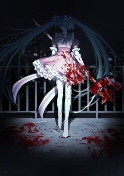 1girl absurdres aqua_hair balcony blood blood_on_clothes blood_on_ground bloody_clothes bloody_dress bloody_weapon bow bow_hairband camera_flash dress frilled_dress frilled_sleeves frills gloves hair_over_one_eye hairband hatsune_miku highres holding holding_wand ima_sugu_rinne_(vocaloid) long_hair looking_at_viewer magical_girl night nil_(pixiv_53614557) one_eye_covered pink_bow pink_dress puffy_short_sleeves puffy_sleeves short_sleeves solo star_wand twintails very_long_hair vocaloid walking_towards_viewer wand weapon white_bow white_gloves