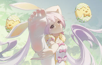 1girl absurdres brown_eyes feet highres kalisa_(nyanko_daisensou) long_hair looking_at_viewer nyanko_daisensou one_leg_raised purple_hair rabbit_ears see-through_clothes see-through_legwear soles thighhighs toes twintails white_hair white_thighhighs xiaowu_satoru