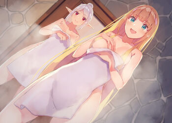 Rule 34 | 2girls, absurdres, blonde hair, blue eyes, blunt bangs, breasts, character request, closed mouth, commentary request, dutch angle, elf, hair bun, hand on own chest, highres, long hair, medium breasts, multiple girls, naked towel, novel illustration, official art, open mouth, pointy ears, red eyes, rit (shin no nakama), second-party source, shin no nakama janai to yuusha no party wo oidasareta no de henkyou de slow life suru koto ni shimashita, smile, standing, steam, teeth, towel, upper teeth only, white hair, yasumo (kuusouorbital)