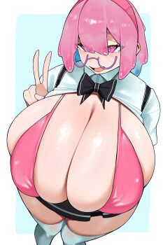 1girl absurdres black_bow black_bowtie black_skirt blue_hair blush bow bowtie bra breasts cleavage clothes_lift colored_inner_hair cws3k from_above gigantic_breasts glasses highres indie_virtual_youtuber monster_girl multicolored_hair open_mouth pink_bra pink_eyes pink_hair purple-framed_eyewear sae_the_blob semi-rimless_eyewear shirt shirt_lift short_hair skirt slime_girl slime_hair solo standing thighhighs under-rim_eyewear underwear v virtual_youtuber white_shirt