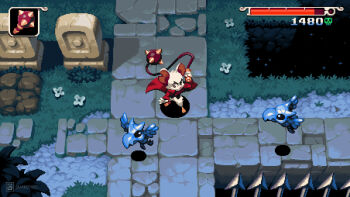 1girl animal_ears coat commentary english_commentary fake_screenshot flail furry furry_female heads-up_display mina_the_hollower mina_the_hollower_(game) mouse_ears mouse_girl pavement pixel_art red_coat simon_stafsnes_andersen user_interface weapon white_fur