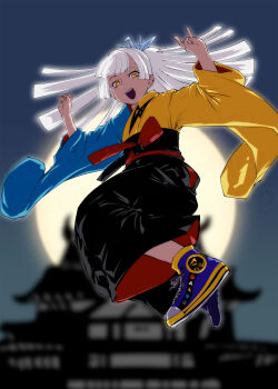 1girl architecture black_pants blue_kimono blue_shoes blurry blurry_background east_asian_architecture floating_hair full_body full_moon hands_up highres japanese_clothes kimono long_hair long_sleeves looking_at_viewer moon muteki_shogun ninja_sentai_kakuranger open_mouth pants shoes smile sneakers solo super_sentai two-tone_kimono ueyama_michirou white_hair wide-leg_pants yellow_eyes yellow_kimono