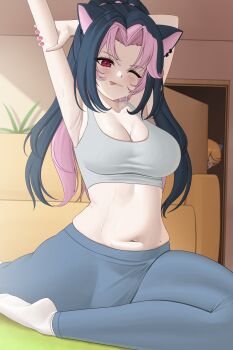 1girl absurdres animal_ear_piercing animal_ears arm_above_head arm_behind_head armpits arms_up blue_hair blue_pants breasts closed_mouth eyelashes female_focus foot_out_of_frame grey_sports_bra highres indie_virtual_youtuber large_breasts long_hair looking_at_viewer mole mole_under_eye mole_under_mouth multicolored_hair nagamma navel one_eye_closed panther_ears panther_girl pants pink_eyes pink_hair shura_hiwa sitting socks solo split sports_bra stretching tongue tongue_out two-tone_hair virtual_youtuber white_socks yoga yoga_pants