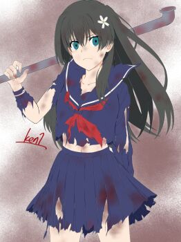 1girl black_hair blood blood_on_clothes blue_eyes blue_sailor_collar blue_serafuku blue_shirt blue_skirt holding holding_lead_pipe ken&#039;ichi_(silvian125jp) lead_pipe long_hair neckerchief pleated_skirt red_neckerchief sailor_collar sakugawa_school_uniform saten_ruiko school_uniform serafuku shirt skirt solo toaru_kagaku_no_railgun toaru_majutsu_no_index torn_clothes winter_uniform
