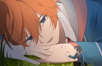 2boys akehoshi_subaru bbahot black_hair blue_eyes blue_jacket commentary crying ensemble_stars! grass hair_between_eyes hand_on_another&#039;s_hand head_rest hidaka_hokuto jacket korean_commentary long_sleeves looking_at_another male_focus mini_person multiple_boys open_mouth orange_hair school_uniform short_hair streaming_tears tears yumenosaki_school_uniform