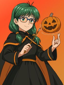 Rule 34 | 1girl, absurdres, bigtree, black cape, black dress, cape, commentary request, dress, glasses, green eyes, green hair, highres, jack-o'-lantern, kisaragi mio, long hair, long sleeves, orange background, simple background, smile, solo, standing, tokimeki memorial, tokimeki memorial 1, twintails, wand