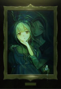 2girls alternate_costume asphyxiation bags_under_eyes bang_dream! bang_dream!_it's_mygo!!!!! black_shirt can't_choose_your_own_family center-flap_bangs chinese_commentary closed_mouth collarbone commentary_request dark dress drowning earrings empty_eyes expressionless forehead frilled_dress frills front-to-back green_eyes green_hair hand_on_another's_cheek hand_on_another's_chin hand_on_another's_face hand_on_another's_shoulder highres jewelry long_hair looking_ahead looking_at_viewer mori_minami mother_and_daughter multiple_girls neck_ribbon parted_lips partially_submerged picture_frame puffy_short_sleeves puffy_sleeves ribbon ripples shiro_(shirohakura) shirt short_sleeves smile square_neckline stud_earrings submerged sweat t-shirt through_medium through_painting wakaba_mutsumi water_drop yellow_eyes