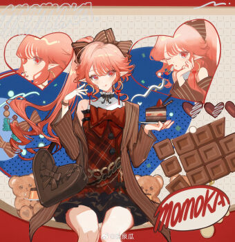 1girl :q absurdres alternate_costume arknights bad_link bag bow character_name chocolate dress earrings english_text hair_bow handbag haruka_(arknights) highres jewelry looking_at_viewer mole mole_on_cheek open_clothes orange_hair pink_hair plaid_clothes plaid_dress pointy_ears red_bow red_eyes sitting smile striped_bow striped_clothes thighs tongue tongue_out vertical-striped_clothes watermark weibo_watermark wenquangua
