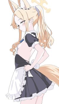 1girl alternate_costume animal_ear_fluff animal_ears apron backless_dress backless_outfit blonde_hair blue_archive blush breasts cross_halo dress ear_wreath extra_ears flower fox_ears fox_girl fox_tail frilled_apron frilled_dress frills from_side hair_flower hair_ornament halo highres kamitosayu loli long_hair looking_at_viewer maid maid_apron ponytail seia_(blue_archive) short_sleeves sideboob simple_background small_breasts solo standing tail thighs very_long_hair white_background yellow_eyes yellow_halo