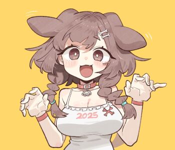 1girl 2025 :3 animal_collar animal_ears arms_up blush bone_hair_ornament bone_ornament braid braided_twintails breasts brown_eyes brown_hair camisole claw_pose cleavage clothes_writing cocomayo29_(tomato) collar dog_ears dog_girl dog_tail ear_wiggle fang hair_ornament hashtag-only_commentary hololive inugami_korone large_breasts looking_at_viewer medium_hair messy_hair motion_lines open_mouth red_collar simple_background smile solo symbol_in_eye tail upper_body virtual_youtuber white_camisole wristband yellow_background