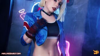 1girl animated arm_tattoo ass audible_music black_gloves black_leggings black_sports_bra blonde_hair blue_jacket cammy_white cammy_white_(cosplay) capcom cosplay cosplay_photo cropped_jacket female_masturbation fingerless_gloves fingernails gloves highres jacket leggings masturbation mollyredwolf multicolored_gloves navel photo_(medium) real_life red_gloves short_hair sound sports_bra street_fighter street_fighter_6 tagme tattoo two-tone_gloves union_jack_print video