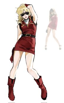 1girl armpits belt blonde_hair blue_eyes boots buckle char_aznable commentary_request dress genderswap gloves gundam highres legs long_hair neo_zeon parted_lips photo-referenced quattro_bajeena red_boots red_dress red_gloves reference_inset sleeveless sleeveless_dress sleeveless_turtleneck solo standing sunglasses turtleneck vinyl50212933 white_background zeta_gundam