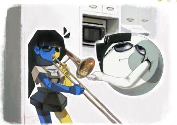 Rule 34 | 1girl, ahoge, asymmetrical hair, asymmetrical sidelocks, black hair, black skirt, blue skin, blunt bangs, blunt ends, border, cabinet, collared shirt, colored skin, commentary, detached ahoge, ena (ena), ena (series), ena (species), ena (web series), english commentary, floating head, hand up, highres, holding, holding instrument, holding trombone, ikitakawa, instrument, kitchen, long hair, low poly, microwave, miniskirt, moony (ena), music, playing instrument, sad ena, shirt, short sleeves, sidelocks, signature, skirt, standing, sunglasses, suspender skirt, suspenders, trombone, twitter username, white border, white shirt, yellow skin