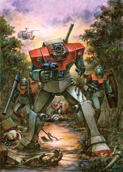 1other assault_visor bazooka_(gundam) commentary_request energy_gun gm_(mobile_suit) green_visor gundam headless heat_hawk highres holding holding_shield holding_weapon mecha mecha_focus mecha_pilot_suit mobile_suit mobile_suit_gundam normal_suit_(gundam) robot science_fiction shield standing tree walking water weapon white_base youkoumori z&#039;gok zaku zaku_ii