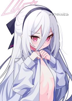 1girl 4rion absurdres artist_name black_headband blue_archive breasts furrowed_brow hair_between_eyes halo headband highres kei_(blue_archive) kei_(new_body)_(blue_archive) loli long_hair long_hair_between_eyes looking_at_viewer navel open_clothes open_shirt pink_eyes rectangular_halo ringed_eyes shirt simple_background small_breasts solo stomach unbuttoned unbuttoned_shirt very_long_hair white_background white_hair white_shirt