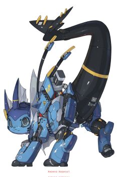 :3 animal_focus black_sclera blue_eyes colored_sclera commentary corrupted_twitter_file english_commentary fang fins full_body gen_1_pokemon head_fins highres looking_at_viewer mecha mechanization nintendo no_humans non-humanoid_robot pokemon pokemon_(creature) qr_code revision robot robot_animal science_fiction skin_fang tail_raised vaporeon white_background xezeno