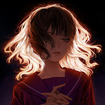 1girl backlighting black_background black_sailor_collar black_shirt breast_pocket brown_eyes brown_hair collarbone eyelashes fingernails gradient_background hair_over_one_eye hands_up highres interlocked_fingers lips long_hair original own_hands_together parted_lips pocket realistic revision sailor_collar school_uniform serafuku shirt solo tayumeru teeth upper_body