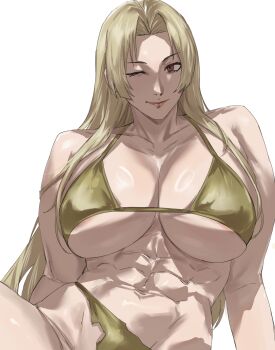 Rule 34 | 1girl, abs, absurdres, bikini, blonde hair, breasts, brown eyes, chinese commentary, cleavage, collarbone, commentary, gold bikini, highres, huge breasts, jujutsu kaisen, large breasts, long hair, looking at viewer, muscular, muscular female, navel, satin bikini, shiny swimsuit, simple background, smile, solo, stomach, string bikini, swimsuit, taiyang yu, toned, toned female, tsukumo yuki (jujutsu kaisen), white background