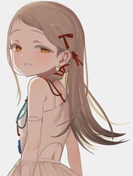 1girl back bare_shoulders blush braid dress flat_chest gakuen_idolmaster grey_hair highres idolmaster kakuzatou_(sugar_xouox) long_hair looking_at_viewer looking_back orange_eyes shinosawa_hiro solo upper_body