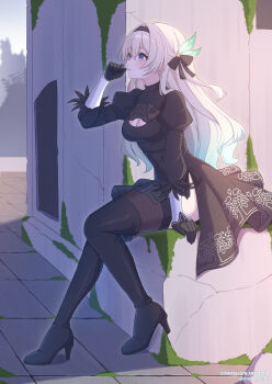 1girl 2b_(nier:automata) 2b_(nier:automata)_(cosplay) aqua_hair black_boots black_dress black_gloves black_ribbon blue_pupils boots breasts cleavage cleavage_cutout clothing_cutout commentary commission cosplay dress english_commentary firefly_(honkai:_star_rail) gloves gradient_hair hair_ribbon high_heel_boots high_heels highres honkai:_star_rail honkai_(series) long_hair maru.selinn multicolored_hair purple_eyes ribbon shadow solo thigh_boots thighhighs twitter_username white_hair