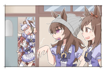 4girls :d anger_vein animal_ears beanie beer_hsk blank_eyes bow brown_bow brown_eyes brown_hair brown_hat buena_vista_(old_design)_(umamusume) candy commentary_request ear_bow ear_covers ear_ribbon ears_through_headwear food food_in_mouth frilled_skirt frills gold_ship_(umamusume) grey_hair grey_hat hair_between_eyes hat indoors lollipop long_hair mini_hat multiple_girls nakayama_festa_(umamusume) open_mouth orfevre_(old_design)_(umamusume) pleated_skirt profile puffy_short_sleeves puffy_sleeves purple_bow purple_eyes purple_ribbon purple_shirt ribbed_hat ribbon school_uniform shirt short_sleeves skirt sliding_doors small_sweatdrop smile sweat thighhighs tracen_school_uniform trembling umamusume very_long_hair white_skirt white_thighhighs window