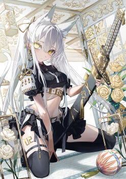 1girl absurdres animal_ears armor belt black_dress black_skirt black_thighhighs body_writing cat_ears cat_girl collared_dress commentary_request crop_top dress earrings flower frilled_sleeves frills hair_ribbon highres holding holding_sword holding_weapon japanese_armor jewelry katana kneeling long_hair long_sidelocks midriff mismatched_pupils navel negimapurinn original plant pleated_skirt ponytail puffy_sleeves ribbon short_sleeves shoulder_armor sidelocks signature skirt slit_pupils sode solo sword thighhighs vase weapon white_belt white_flower white_hair yellow_eyes yellow_flower