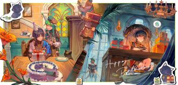 Rule 34 | 1boy, 1girl, armor, ascot, bare shoulders, behind another, beret, birthday cake, black bodysuit, black bridal gauntlets, black cat, black gloves, black hair, black kimono, black shorts, black sleeves, black thighhighs, blue cape, blue sleeves, blunt bangs, blunt ends, bodysuit, border, bow, bowtie, box, bridal gauntlets, cabinet, cake, cake slice, candlelight, candlestand, cape, cat, chair, chandelier, closed mouth, coat, commentary request, couple, crossed arms, crossed legs, curtains, dated, faceless, faceless female, fatui coat, flower, food, frilled sleeves, frills, fringe trim, fur-trimmed coat, fur trim, furisode, gem, genshin impact, gift, gift box, gloves, gold, green bow, green bowtie, green gem, green hair, green hat, grey eyes, hair ornament, hamster, hand on own arm, hands on own stomach, happy birthday, hat, hetero, highres, holding, holding plate, indoors, japanese armor, japanese clothes, jewelry, kimono, kote, kurokote, lapels, layered sleeves, lic 617, long sleeves, looking at another, mandarin collar, medium hair, mitsudomoe (shape), neck ring, oc x canon, open mouth, original, party hat, plate, pom pom (clothes), pom pom hair ornament, portrait, pouch, purple sleeves, red bow, red flower, red kimono, scaramouche (cat) (genshin impact), scaramouche (genshin impact), short over long sleeves, short sleeves, shorts, shoulder peek, single sode, sitting, split mouth, spoken character, stained glass, standing, sweatdrop, swept bangs, table, thigh pouch, thighhighs, tomoe (symbol), toy, toy soldier, tsurime, vision (genshin impact), wanderer (genshin impact), white ascot, white border, white coat, white kimono, white sleeves, window, wispy bangs, wooden chair, wooden table