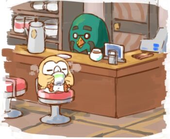 =_= animal_crossing animal_focus bird brewster_(animal_crossing) cash_register coffee_pot company_connection crossover cup disposable_cup door drinking gen_7_pokemon glasses nintendo no_humans opaque_glasses pokemon pokemon_(creature) round_eyewear rowlet sitting stool