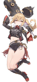 1girl absurdres ahoge arm_up berserker_r black_boots black_gloves black_helmet black_jacket black_shirt black_shorts blonde_hair boots brass_knuckles chain combat_helmet dot_nose full_body fur-trimmed_shorts fur_trim gloves half-closed_eyes helmet highres holding holding_weapon jacket long_hair long_sleeves luciana_de_montefio midriff open_clothes open_jacket pickelhaube ponytail red_eyes shirt shorts simple_background solo weapon white_background wide_sleeves zenless_zone_zero