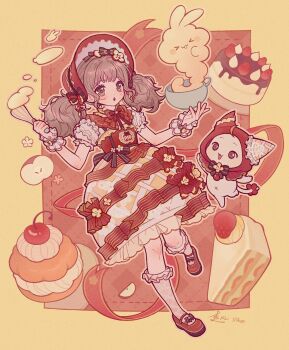 1girl ahoge ankle_socks apple apple_slice argyle_background argyle_clothes argyle_socks back_bow batter black_bow black_bowtie bonnet border bow bowl bowtie brooch brown_eyes brown_hair cake cake_slice capelet chinese_commentary cloak commentary_request cream_puff dot_nose dotted_line dress dress_bow ear_covers eyelashes food food-themed_clothes food-themed_hair_ornament food_print footwear_bow frilled_dress frilled_shirt frilled_socks frilled_wrist_cuffs frills fruit full_body hair_bow hair_ornament hat hat_bow highres holding holding_bowl holding_whisk hood hood_up hooded_cloak infinity_nikki jewelry knees light_blush long_hair looking_at_food low_twintails mary_janes medium_dress mismatched_ear_covers momo_(nikki) navel nikki_(series) official_alternate_costume open_mouth outline outside_border pinafore_dress print_dress puffy_sleeves rabbit red_background red_bonnet red_bow red_bowtie red_capelet red_cloak red_dress red_shoes ribbon-trimmed_sleeves ribbon_trim shirt shoes short_twintails shuangfeng signature sleeve_bow sleeveless sleeveless_dress socks standing striped_bow striped_bowtie striped_clothes striped_dress surprised sweet_memories_(infinity_nikki) tail tail_bow tail_ornament tareme teeth twintails two-tone_dress upper_teeth_only whisk white_outline white_shirt white_socks white_wrist_cuffs wrist_cuffs yellow_border yellow_dress